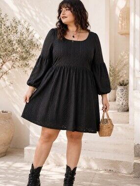 Plus Size 1X Black Eyelet Babydoll Dress Puff Sleeve Mini Boho Cottagecore NWT